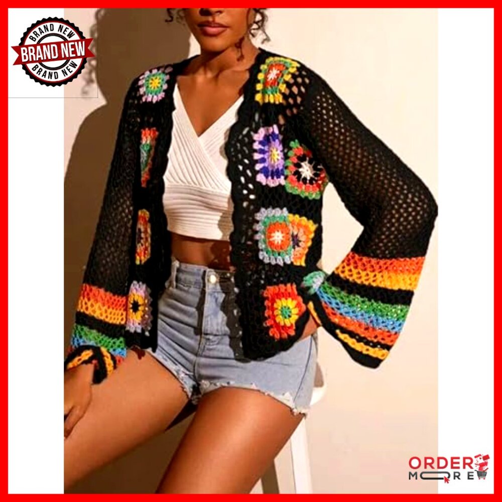 Vintage Crochet Granny Square Cardigan Long Sleeve Open Front Boho Sweater - Picture 3 of 3